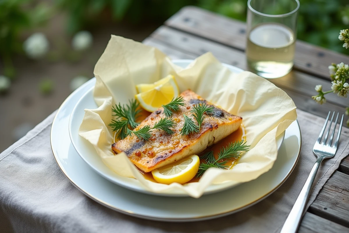 Assiette de poisson en papillote avec citron et aneth en extérieur