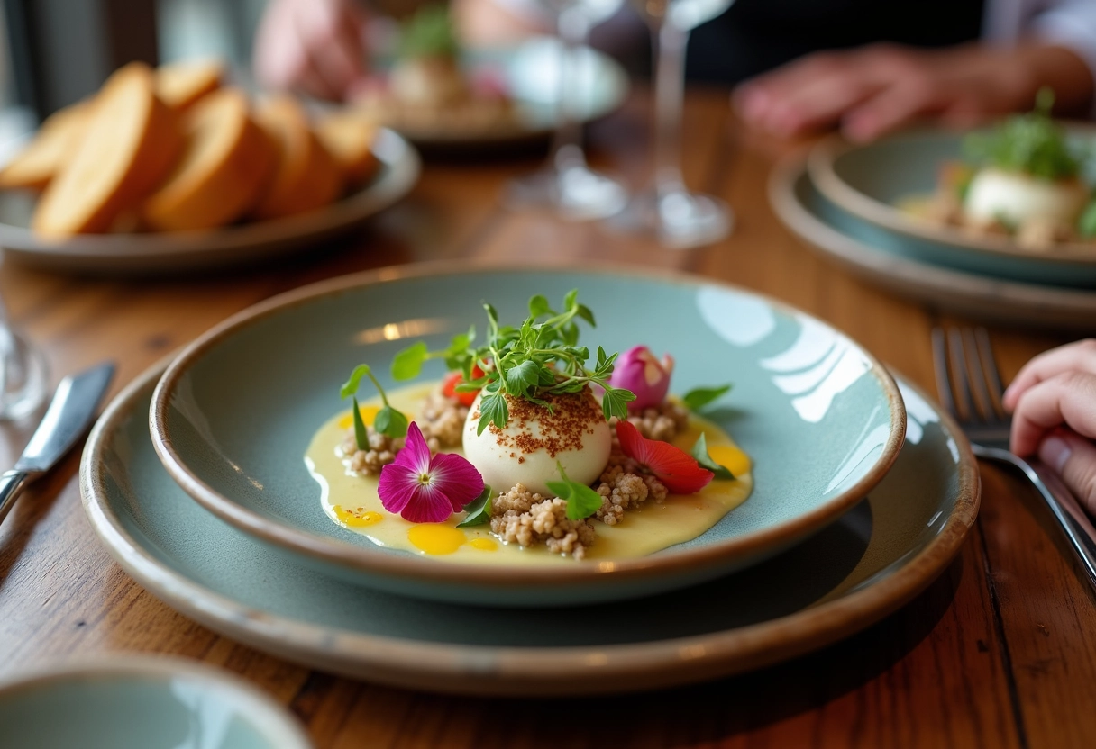 Gros plan d une assiette avec un menu dégustation et fleurs comestibles