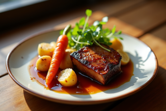 Assiette gourmande de joue de porc braisee et pommes de terre