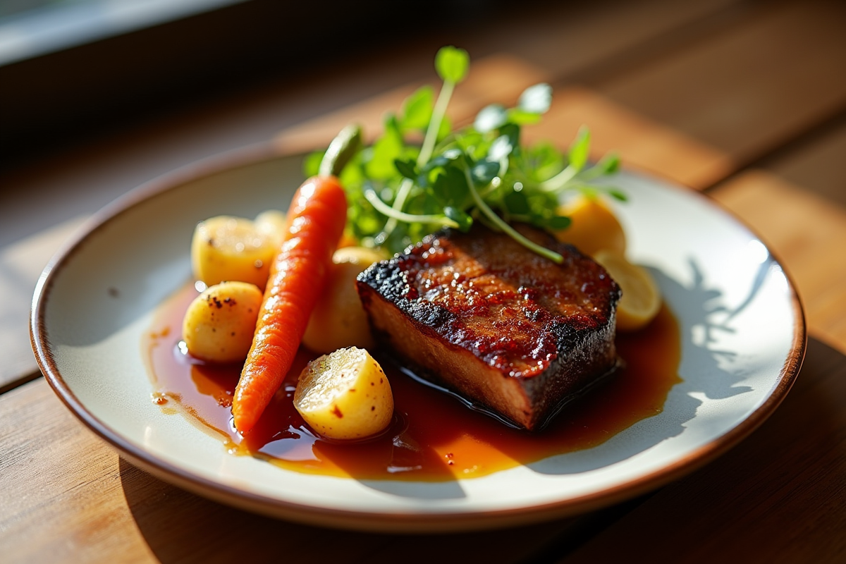 Assiette gourmande de joue de porc braisee et pommes de terre