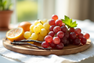 Plateau de fruits frais avec raisins et vanille pour {titre}