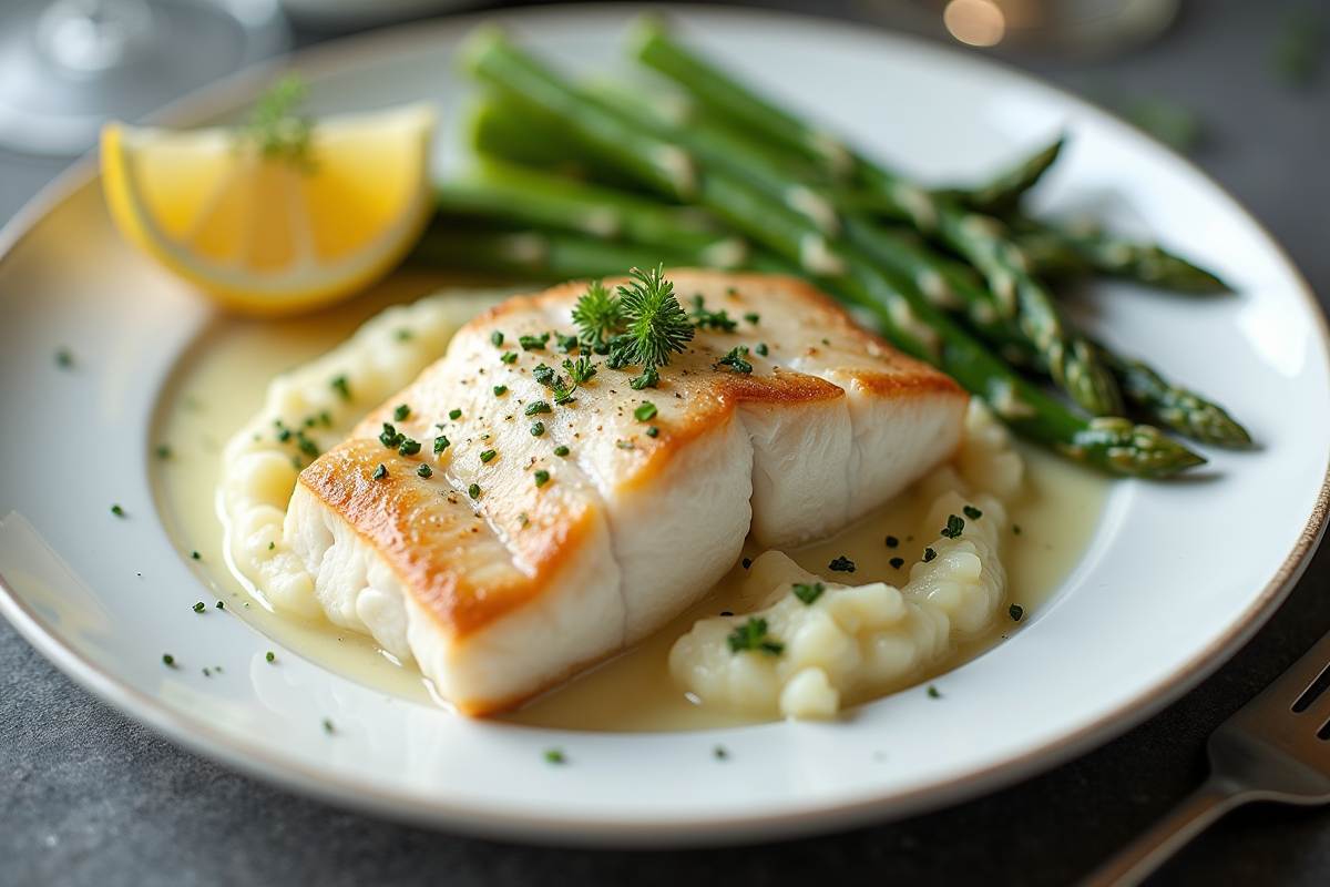 Filet de poisson blanc avec purée et asperges en ambiance lumineuse