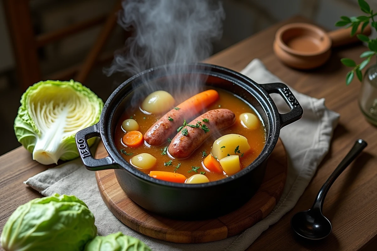 Potée au chou traditionnelle en cocotte en fonte sur une table de ferme rustique, avec saucisses fumées, carottes et pommes de terre