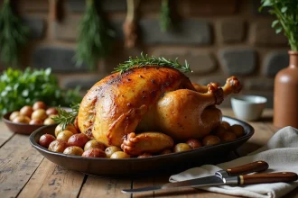 Poulet rôti entier sur un plat en céramique rustique entouré de pommes de terre et d'ail rôti sur une table en bois de ferme