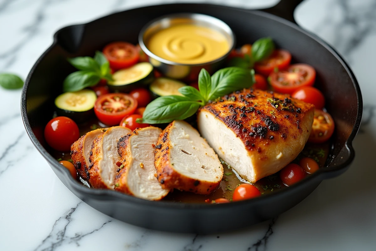 Tranches de poulet rôti accompagnées d'une ratatouille colorée dans une poêle en fonte avec une sauce moutarde