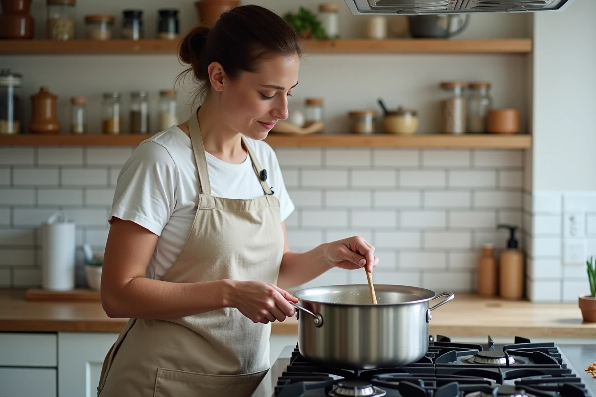 Femme cuisinant une blanquette de veau allégée dans une casserole sur une cuisinière à gaz dans une cuisine parisienne moderne