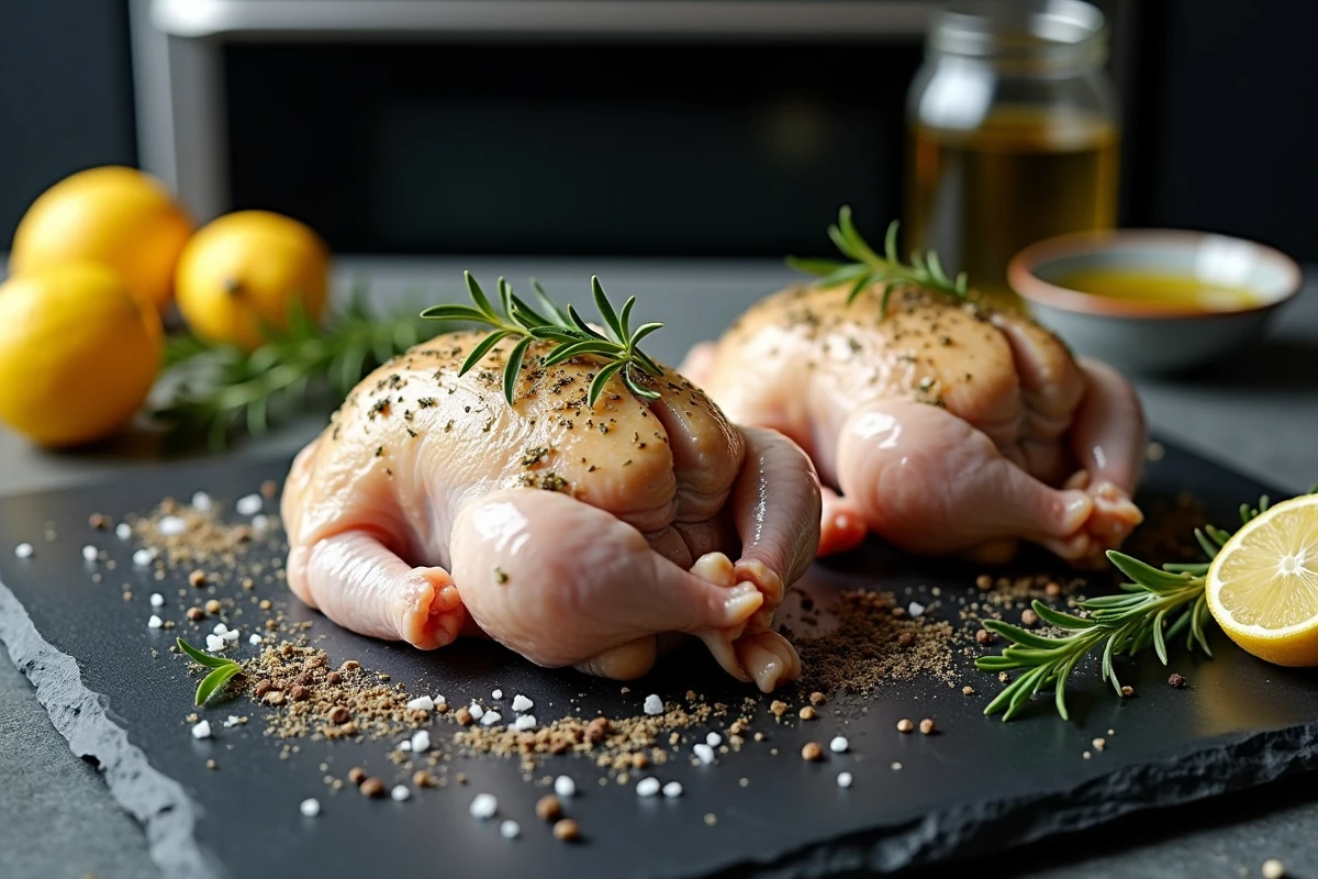Préparation de cailles crues marinées aux herbes et huile d'olive sur ardoise avant cuisson