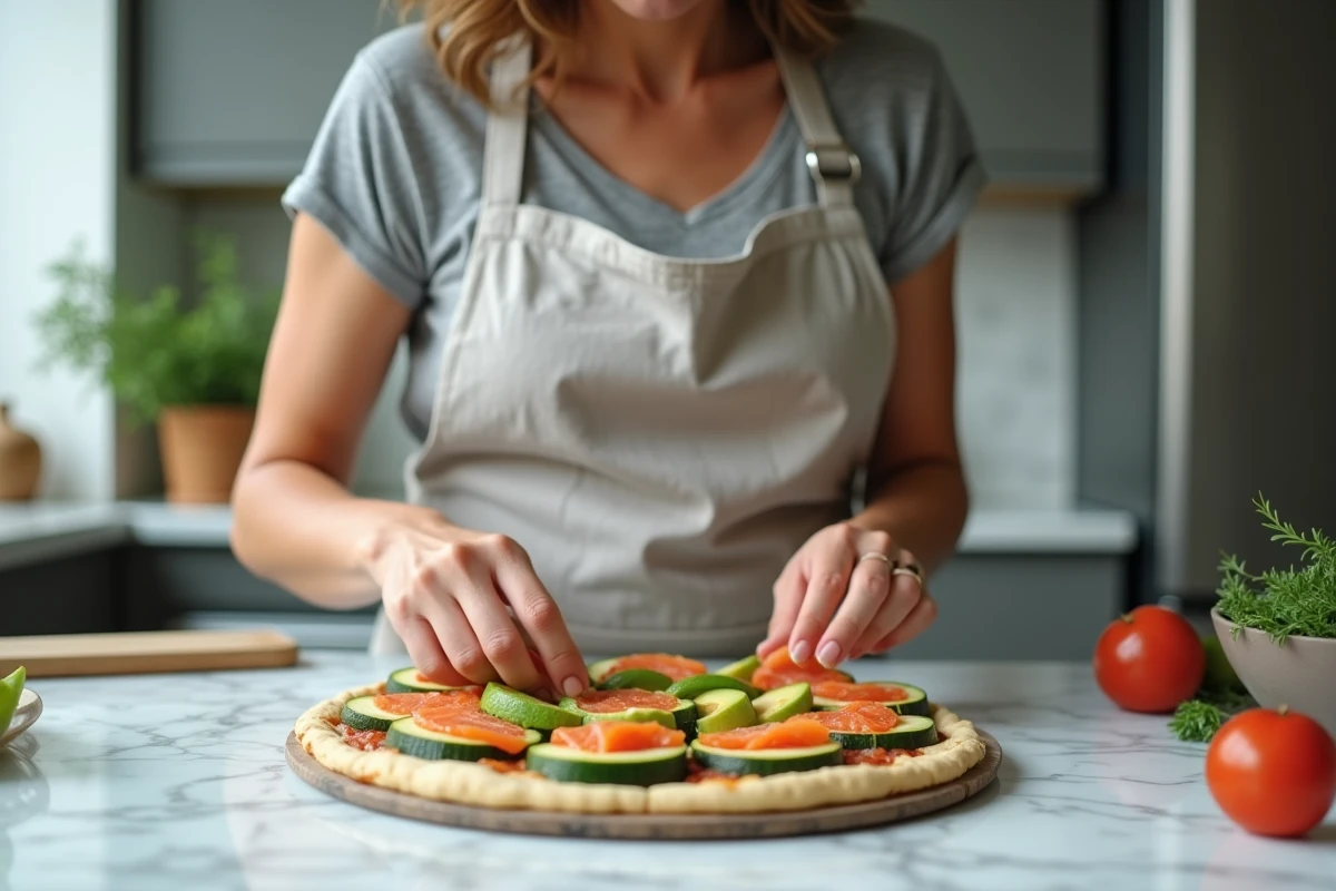 Femme préparant une pizza cétogène à la courgette avec avocat et saumon fumé dans une cuisine moderne
