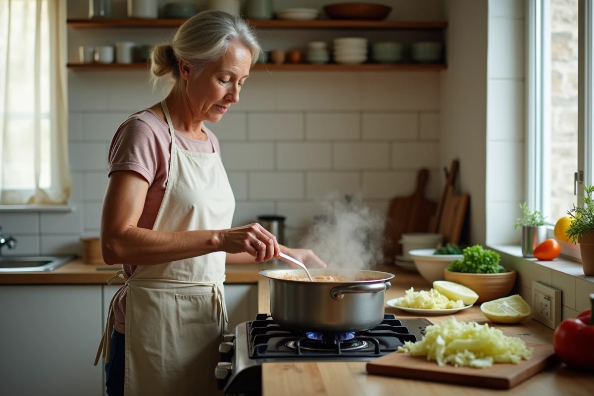 Femme préparant une potée au chou sur une gazinière dans une cuisine française traditionnelle, avec légumes frais sur le plan de travail