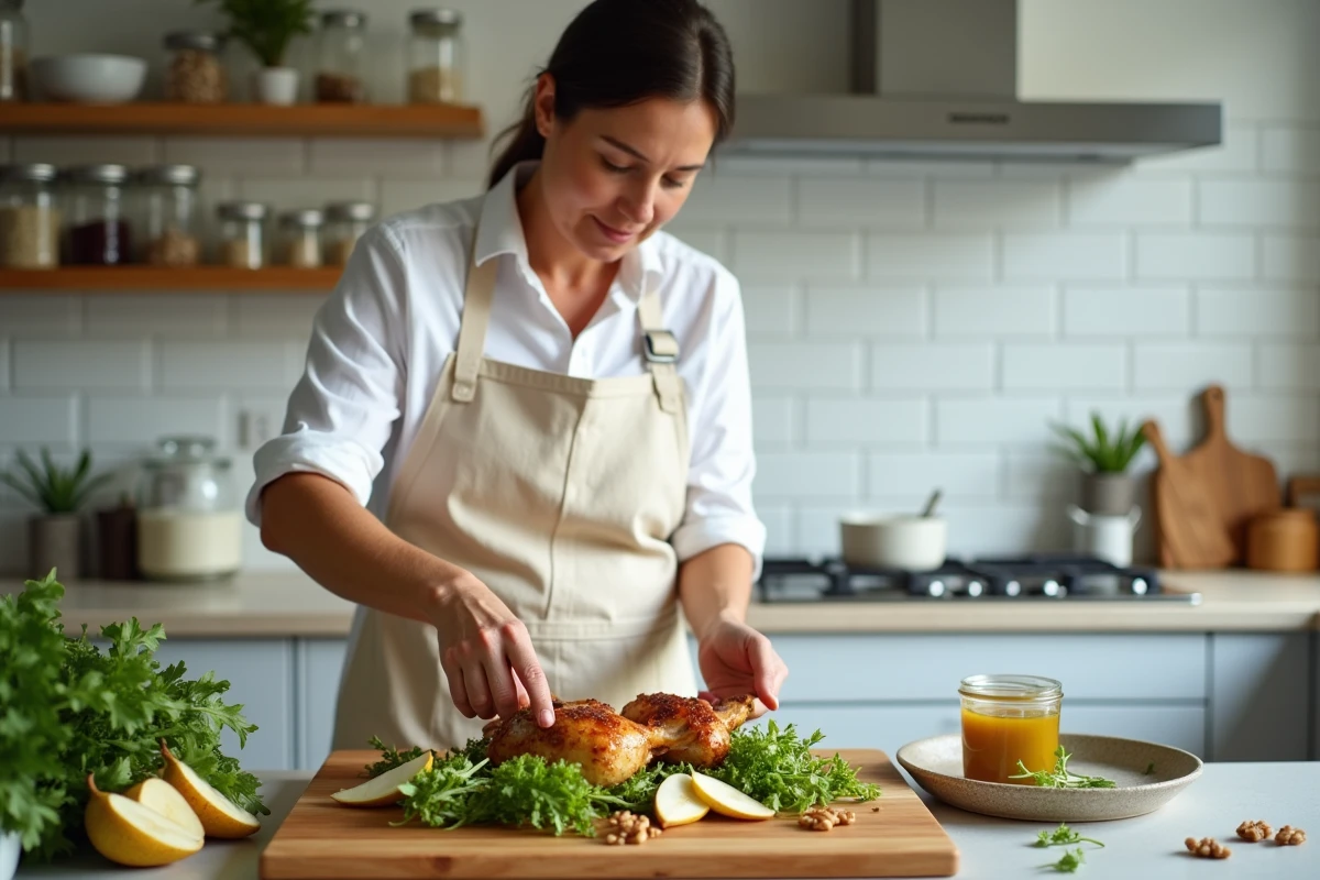 Femme préparant des morceaux de poulet rôti sur une planche en bois avec une salade de frisée aux noix et poires dans une cuisine moderne