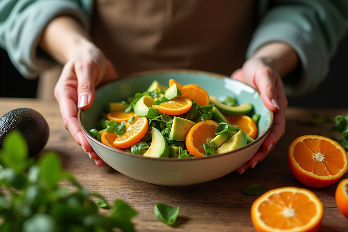 Mains préparant une salade d avocat et orange sur plan de travail