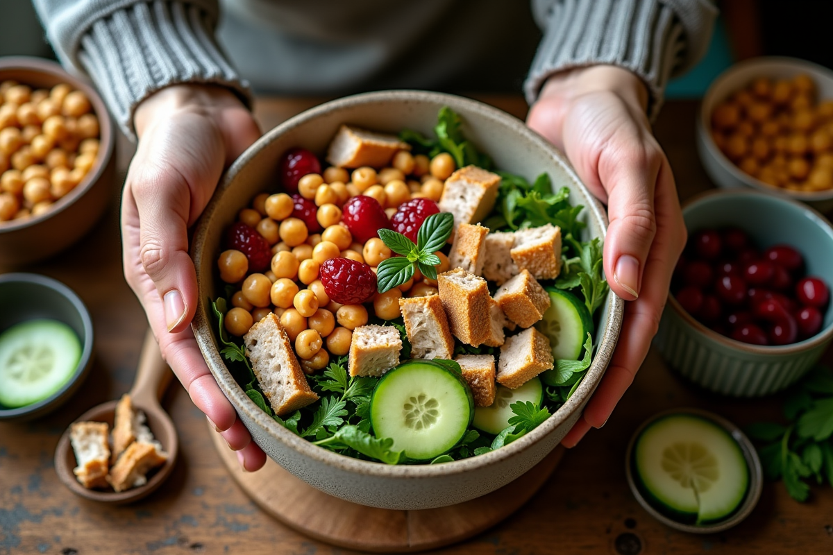Mains préparant une salade colorée dans une cuisine rustique