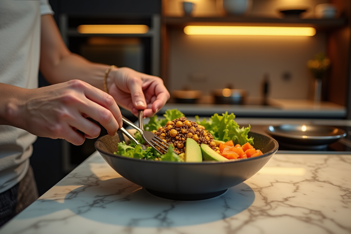 Personne préparant une salade avec lentilles et avocat dans la cuisine