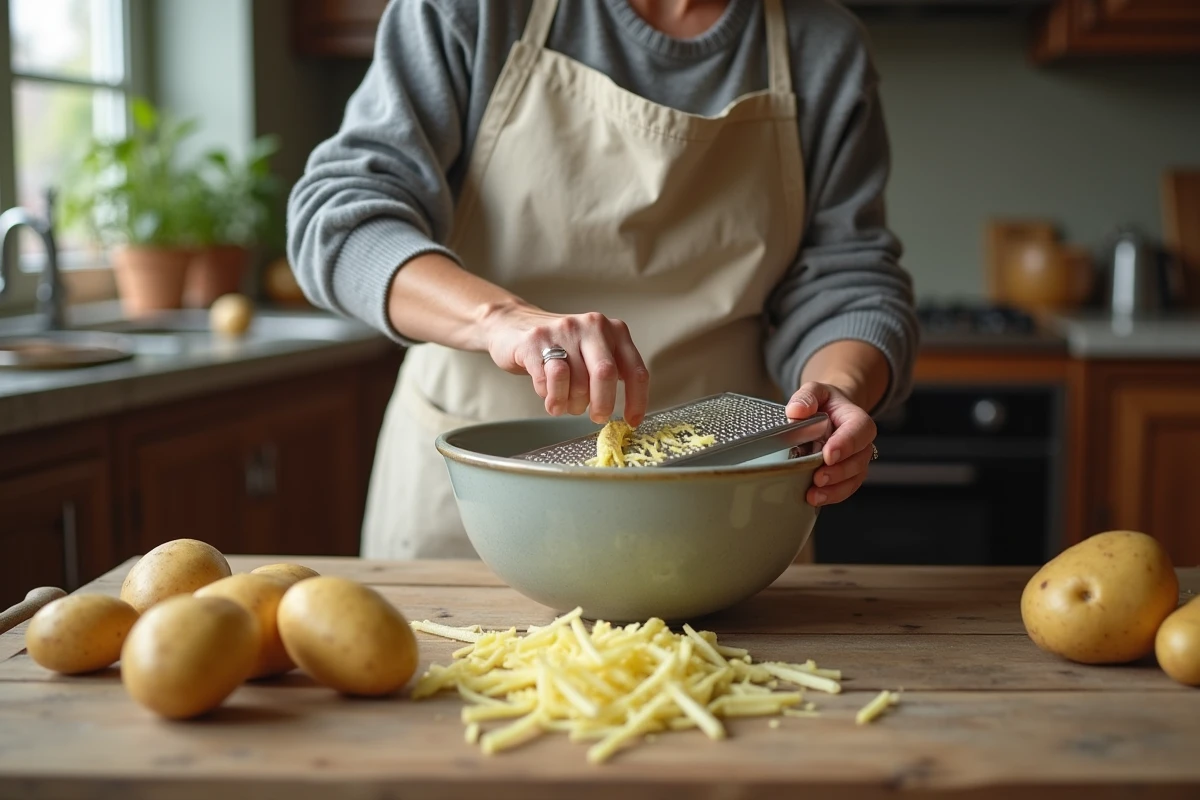 Femme râpant des pommes de terre crues sur une râpe en inox dans une cuisine rustique, préparation maison de rapée de pommes de terre
