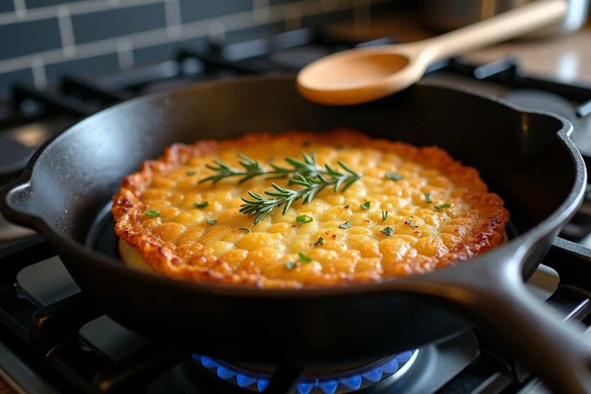 Galette de pommes de terre râpées réchauffée dans une poêle en fonte sur feu de gaz, croustillante à l'extérieur et moelleuse à l'intérieur