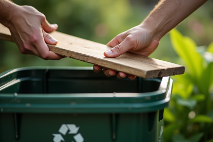 Mains déposant une planche en bois usée dans une poubelle de recyclage dehors