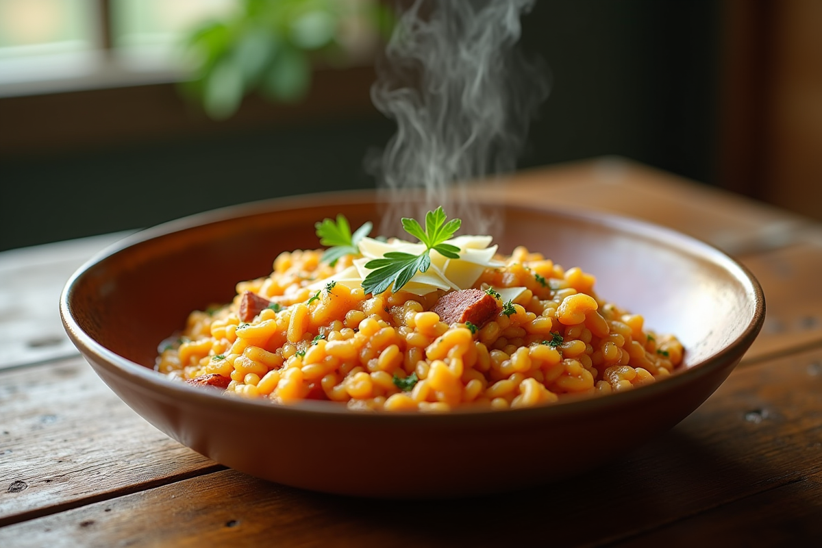 Risotto au chorizo crémeux dans un bol en céramique rustique
