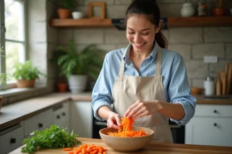 Femme souriante préparant une salade de carottes dans la cuisine