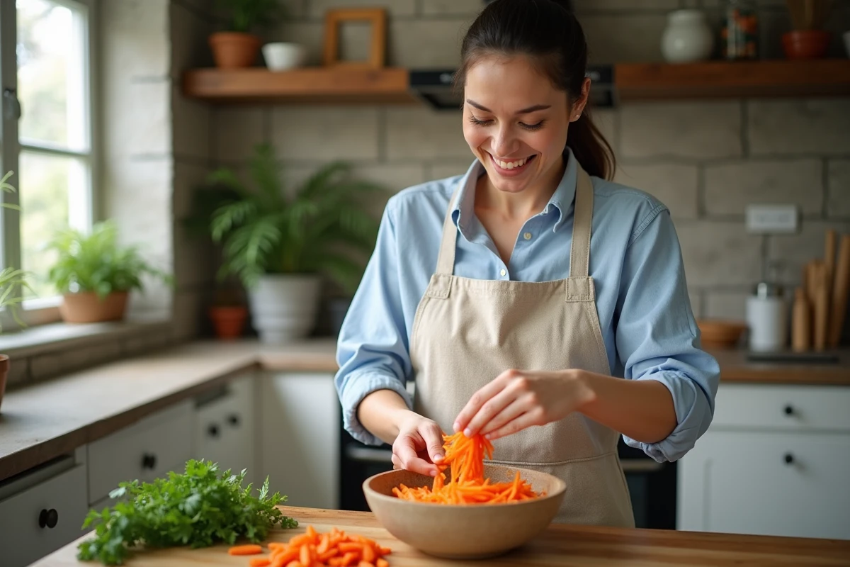 Femme souriante préparant une salade de carottes dans la cuisine