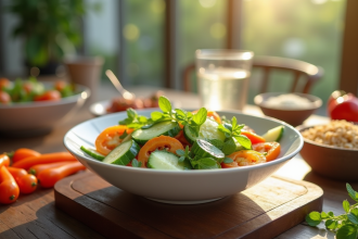 Salade de concombre frais avec sauce crémeuse dans un bol blanc moderne