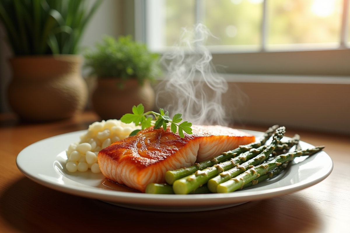 Filet de saumon grillé avec asperges sur une assiette blanche