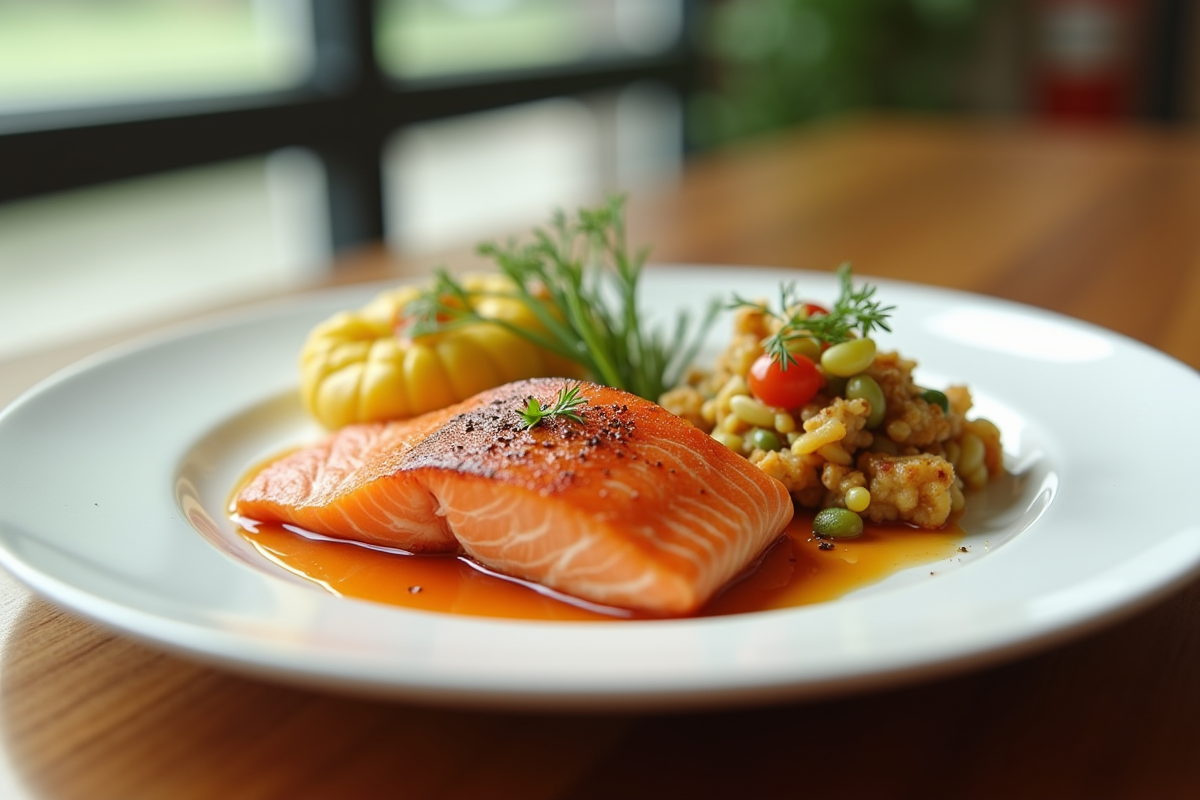 Gros plan sur une assiette de saumon et plats créatifs