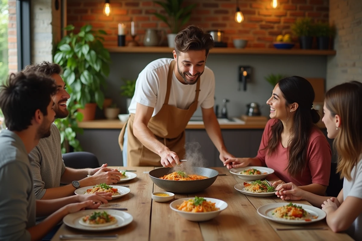 Jeune homme servant un plat fait maison lors d’un dîner convivial
