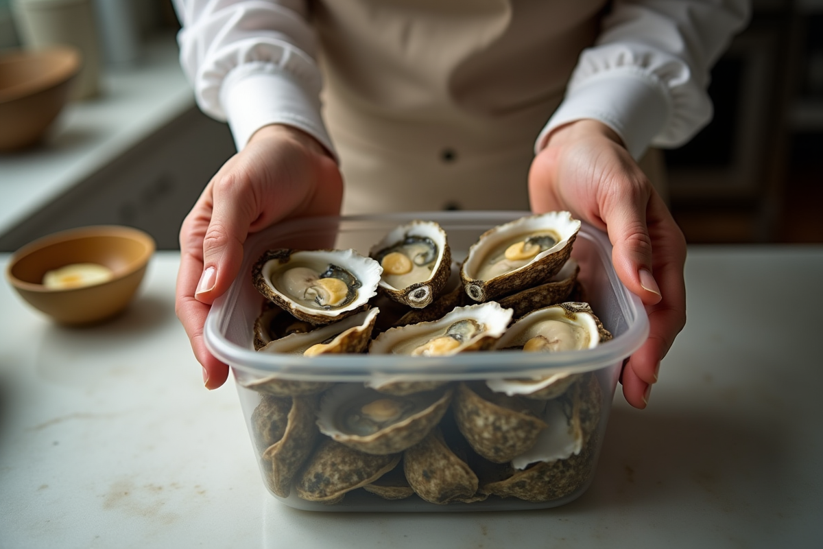 Mains plaçant des huitres restantes dans un contenant