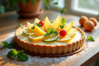 Table en bois avec fruits et tarte à la vanille