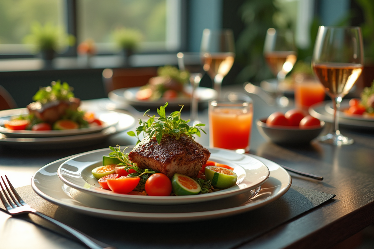 Table moderne pour dîner en 2030 avec plats végétaux et écrans