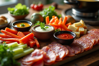 Table dressée pour fondue bourguignonne avec légumes et viandes