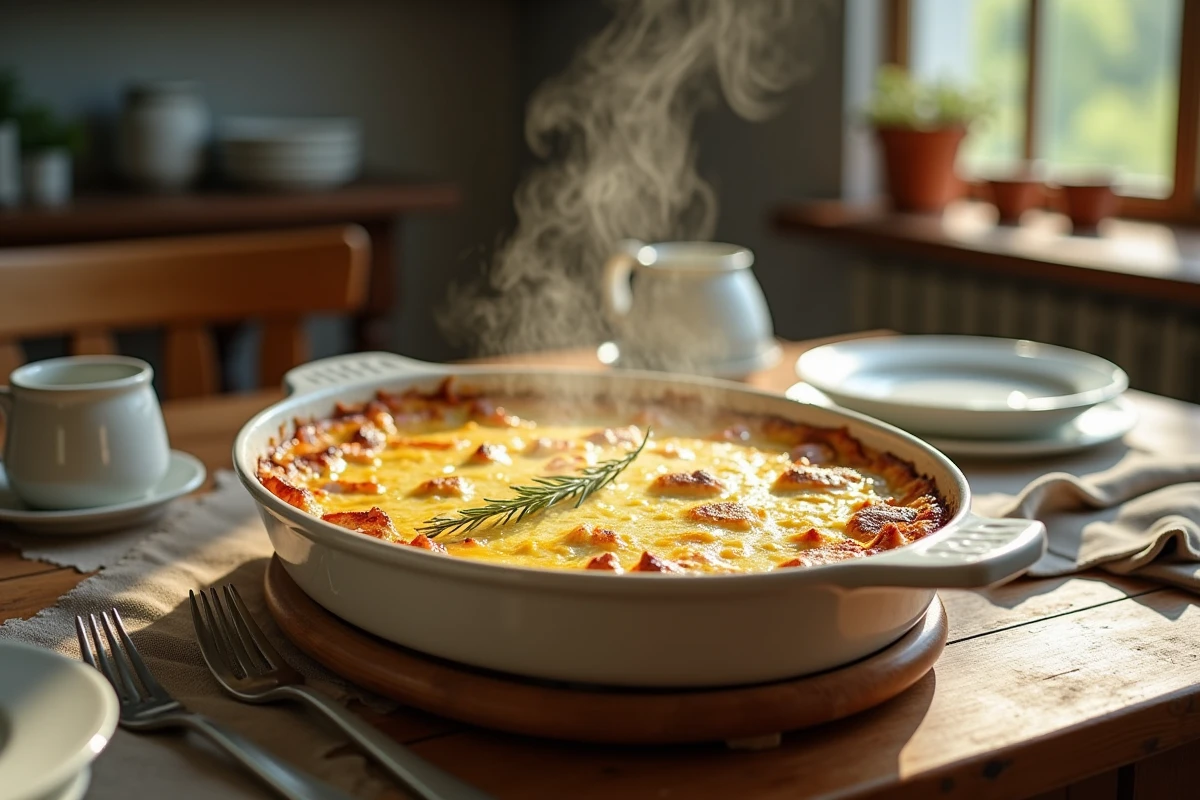 Table rustique avec gratin de zucchini et décor champêtre