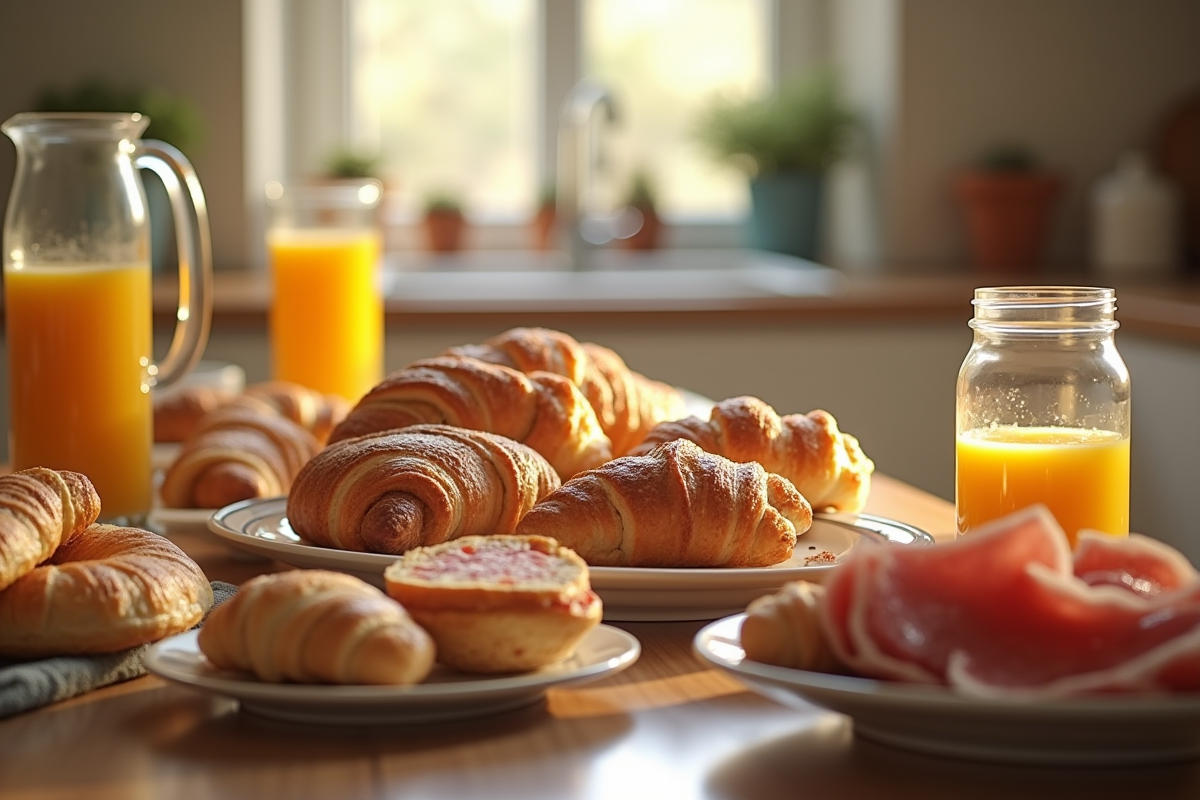 Petit déjeuner chargé avec viennoiseries et jus d'orange