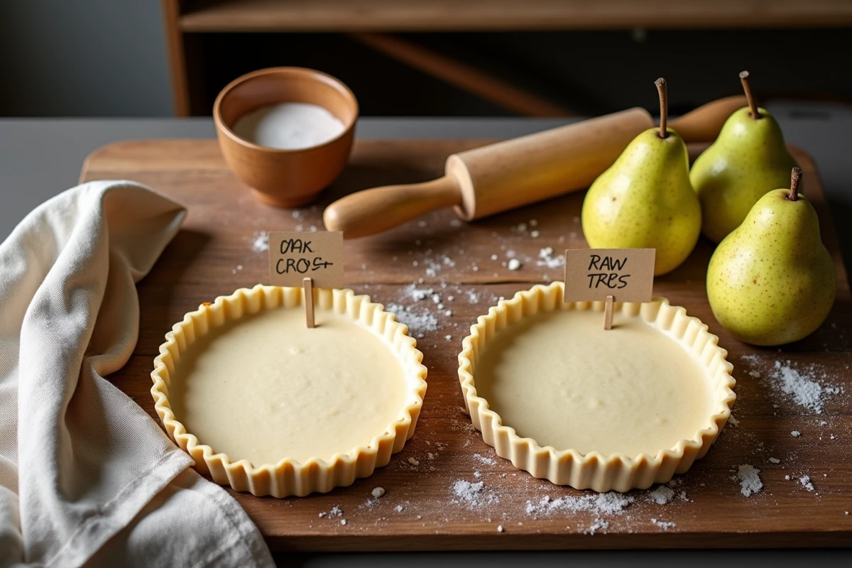 Gros plan sur croûtes à tarte et poires sur une table rustique