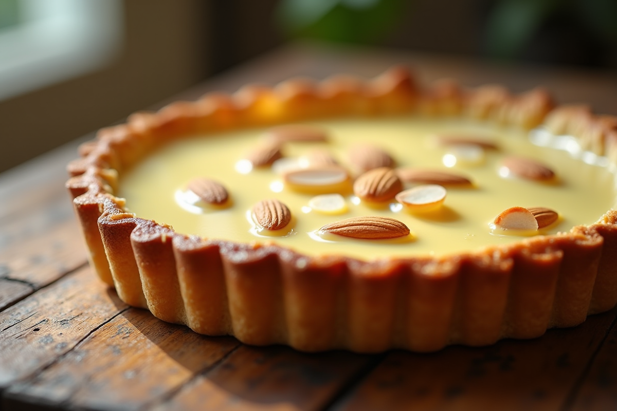Tarte aux amandes fraîche sur table en bois rustique