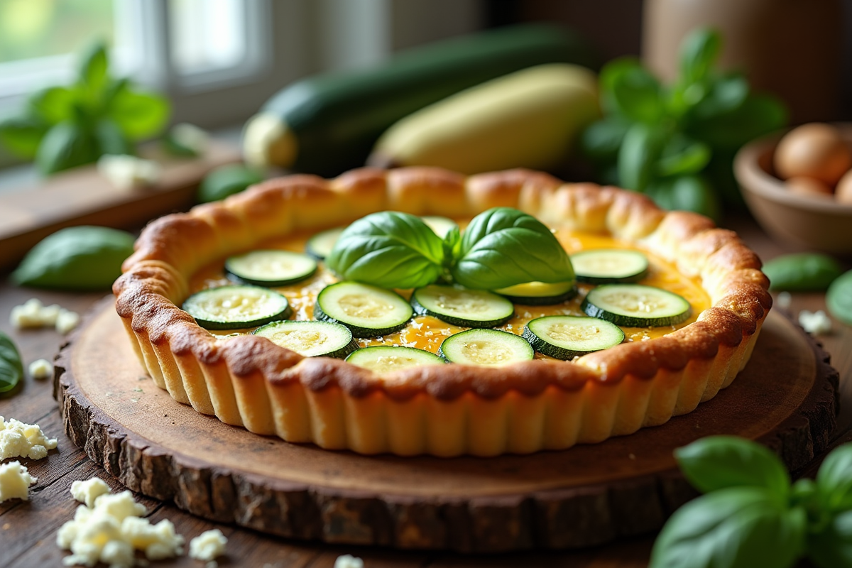 Tarte courgette et chèvre fraîche sur table rustique