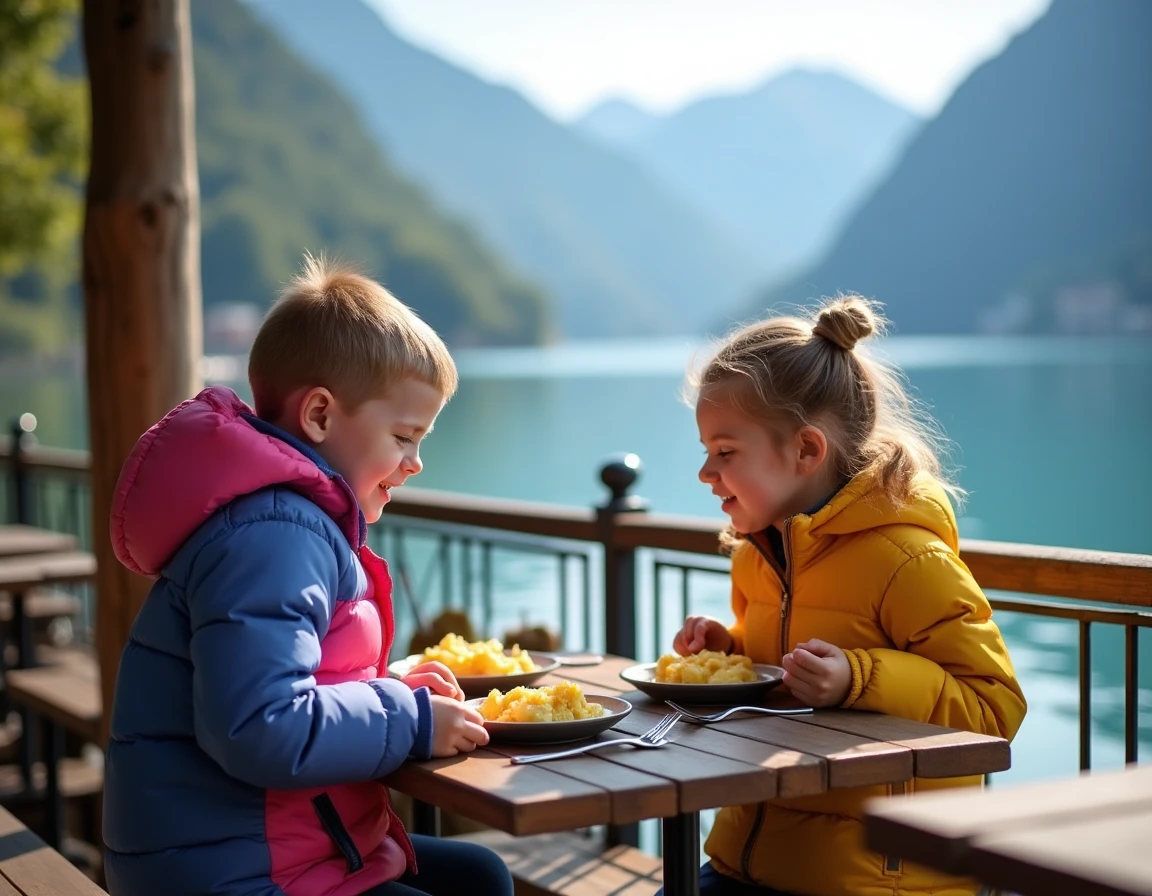 Deux enfants dégustant une tartiflette en terrasse avec vue sur le lac d'Annecy et les Alpes