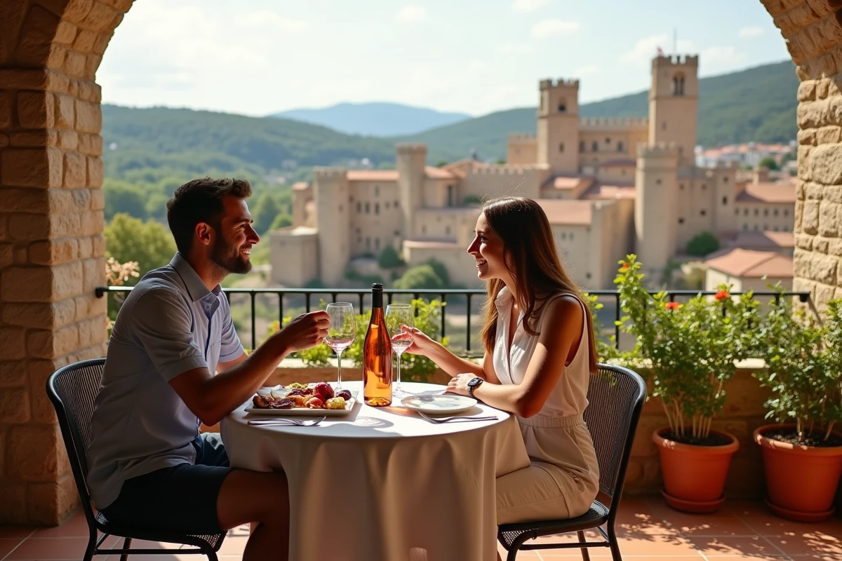 Couple attablé en terrasse d'un restaurant de Carcassonne avec vue panoramique sur la Cité médiévale