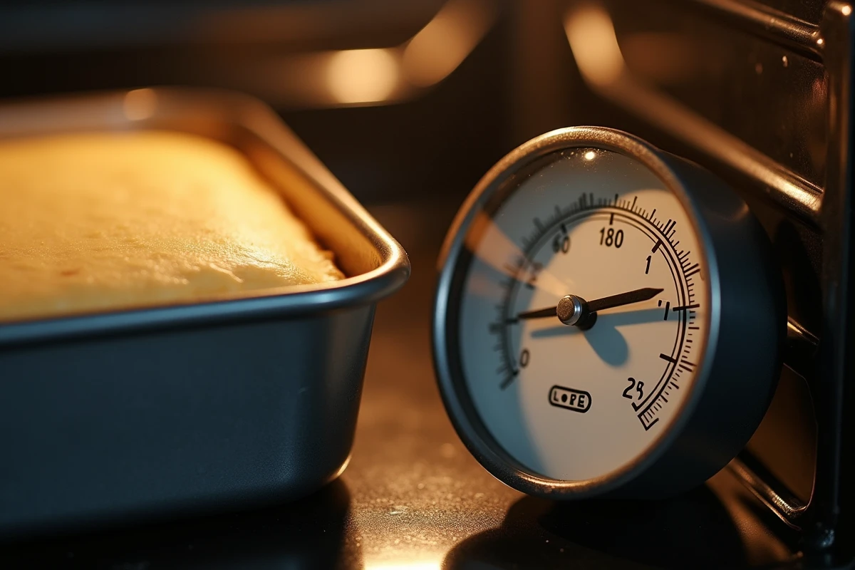 Thermomètre de four analogique indiquant 180 degrés Celsius à côté d'un moule à gâteau en cours de cuisson