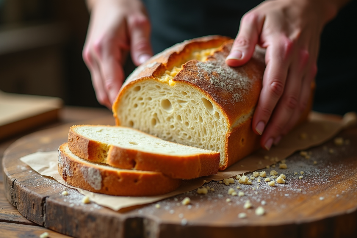 Tranches de pain artisanal coupé sur une table rustique
