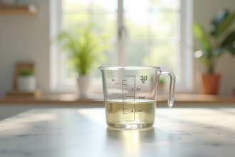 Verre mesureur de 30 ml sur plan de cuisine lumineux
