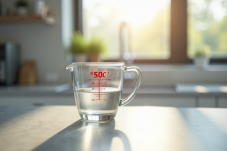 Verre mesureur rempli à 50 cl dans une cuisine lumineuse
