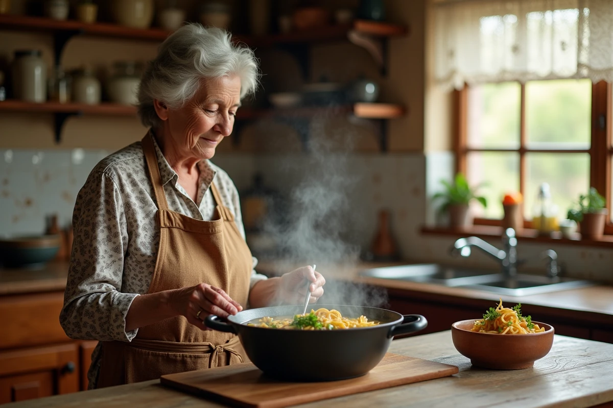 Femme âgée préparant une soupe vermicelli dans une cuisine rustique